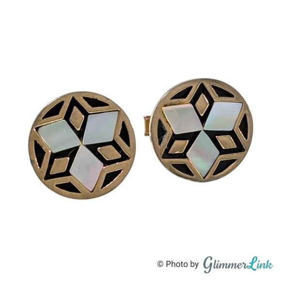 VTG Round Mother of Pearl Shell Six Pointed Star Whale Back Gold Tone Cufflinks - Picture 2 of 9